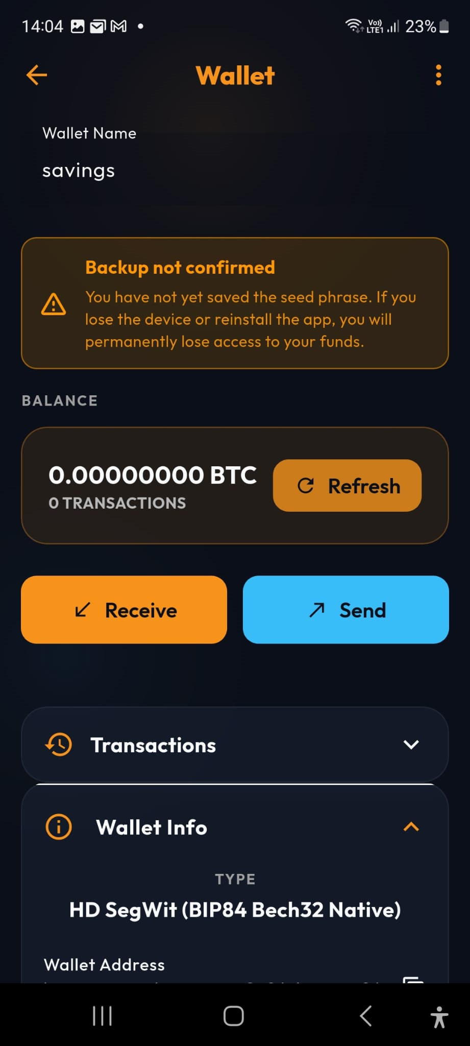 Wallet detail with balance, receive and send actions