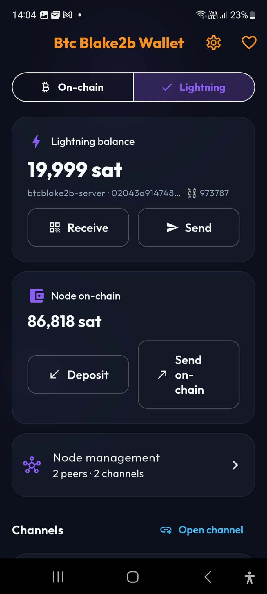Lightning tab with node balance, channels and on-chain deposit